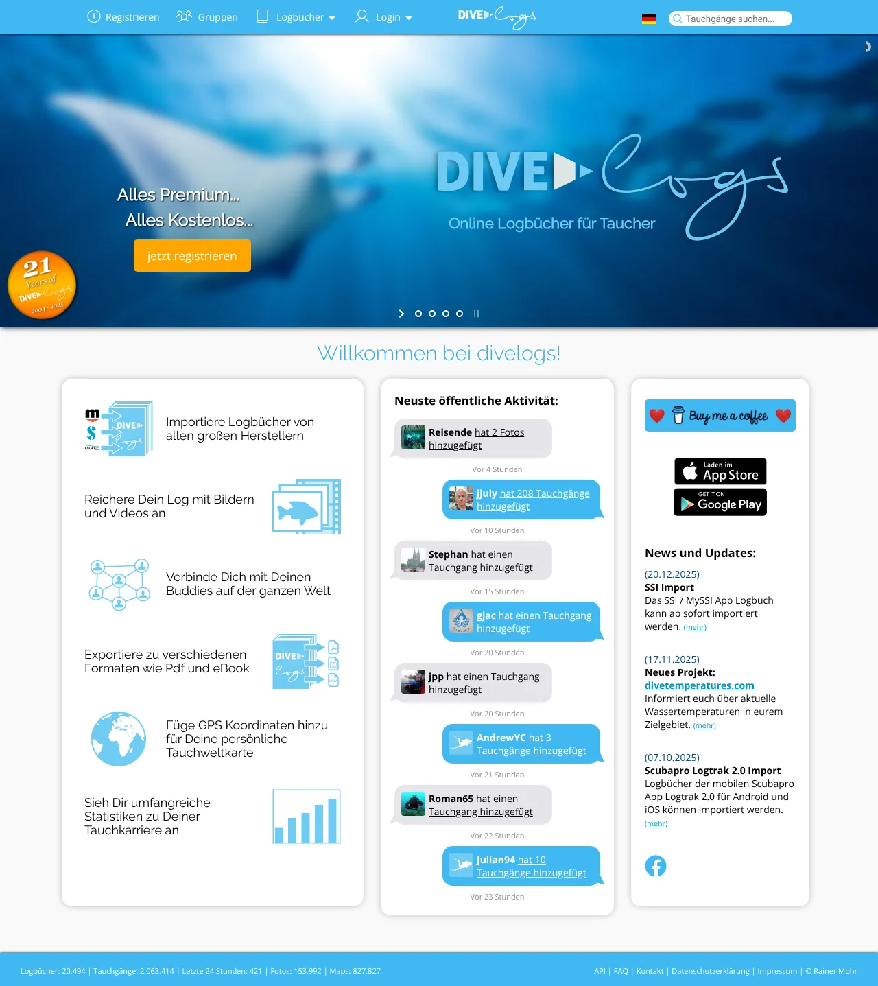 Screenshot von divelogs