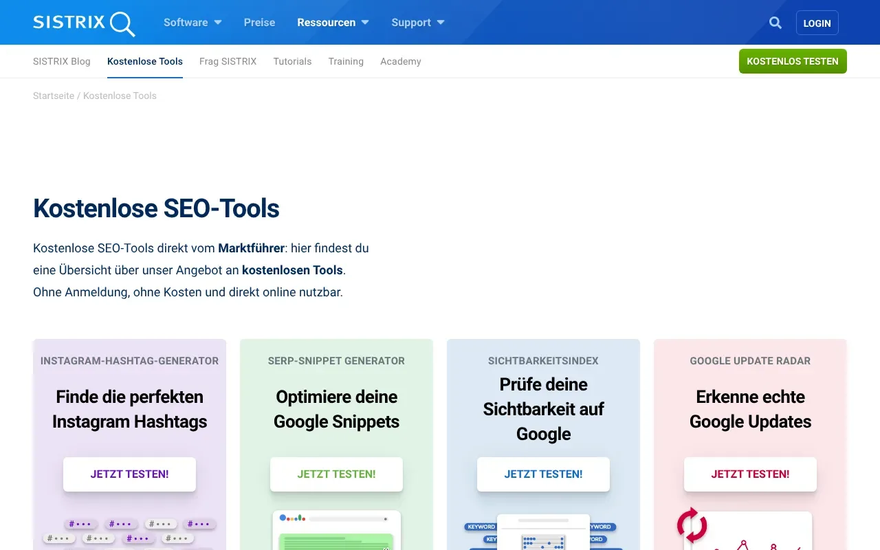 SISTRIX Kostenlose SEO-Tools